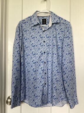 Michael Strahan Blue Floral Dress Shirt, Mens Size Medium Slim Fit wrinkle res